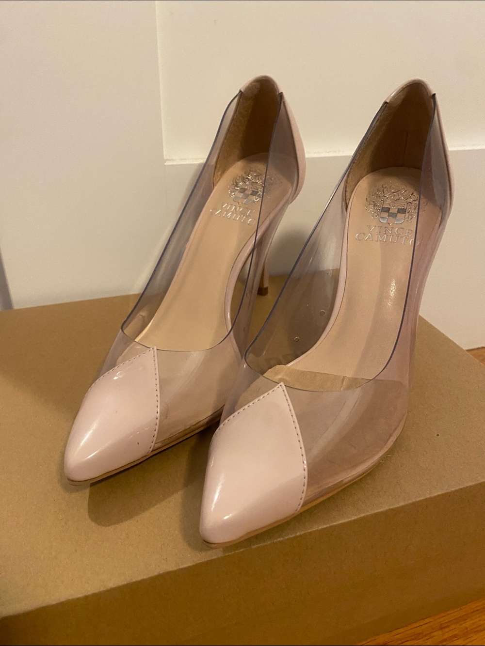 Vince Camuto Blush Pink Pointed-Toe Clear-Side Pumps
